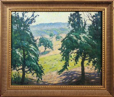 an oil painting of a landscape with trees and hills in the background