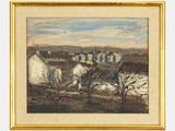 une peinture à l'huile représentant une scène de campagne avec une maison blanche et des arbres