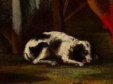 a painting of a dog laying on the ground