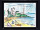 drawing of a lighthouse on a beach with chairs and a bench