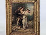une peinture ancienne représentant une femme tenant un enfant dans ses bras