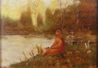 an image of a painting of a woman sitting on a hill by a river