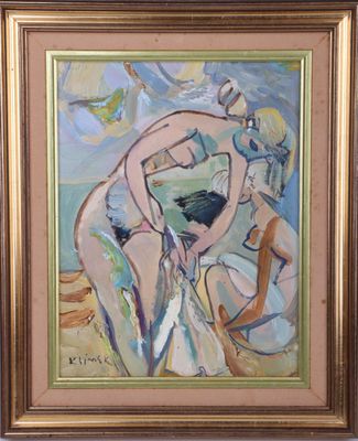 une peinture à l'huile représentant deux nus sur une plage, avec un ciel bleu en arrière-plan