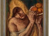 une image représentant un tableau où l'on voit une femme tenant un bol de fruits