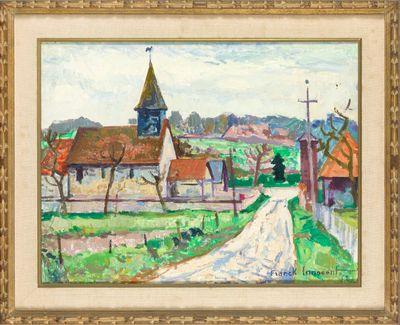 une image représentant un tableau d'une route de campagne avec une église en arrière-plan