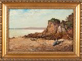 une image représentant une peinture d'une scène de plage avec un bateau au loin