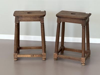two wooden stools sitting on top of a hard wood floor