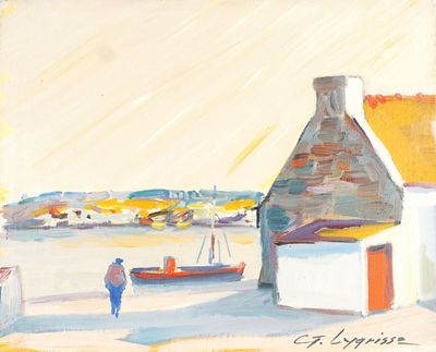 un tableau représentant un homme marchant sur la plage
