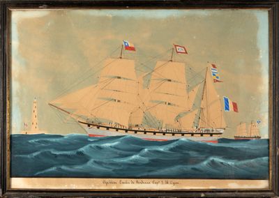 an old painting of a ship in the ocean with a lighthouse in the background