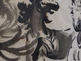 a picture of a painting of two horses and a man on a horse
