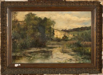 an oil painting of a river with trees and hills in the background