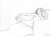 dessin représentant une femme assise sur une chaise dans une pièce