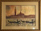 painting of a boat in the water with a building in the background