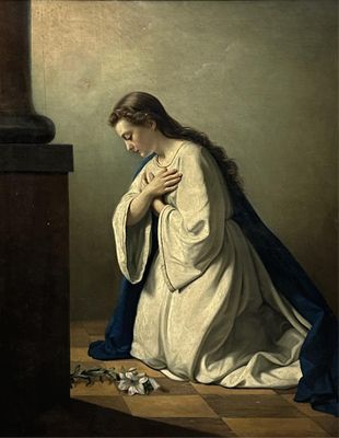 une image représentant un tableau dans lequel figure une femme agenouillée par terre