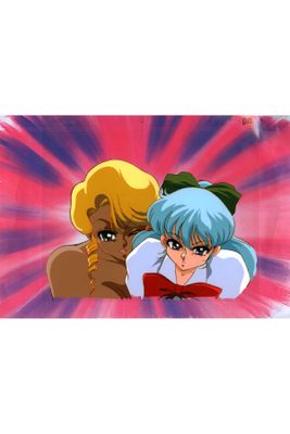 two anime characters are standing next to each other in front of a pink background