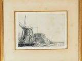 un dessin en noir et blanc représentant un moulin à vent dans un champ