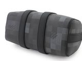 black and grey checkered toiletry bag on a white background
