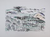 dessin représentant un paysage avec des arbres et des collines au loin