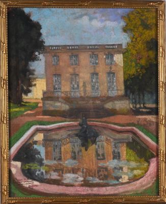 an oil painting of a building with a fountain in front of it
