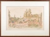 framed watercolor painting of a landscape with trees and a river