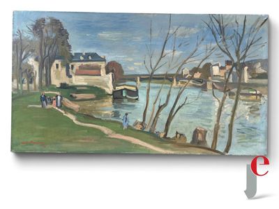 un tableau représentant des personnes marchant sur un sentier au bord d'un plan d'eau