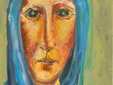 un tableau représentant une femme portant un foulard bleu