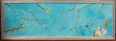 une image représentant une peinture d'une branche fleurie sur fond bleu