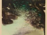 une image représentant un tableau représentant de l'eau et des rochers sur une plage