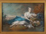une peinture à l'huile représentant une femme en robe bleue, assise sur un rocher
