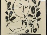 dessin en noir et blanc encadré représentant un chat et une plante