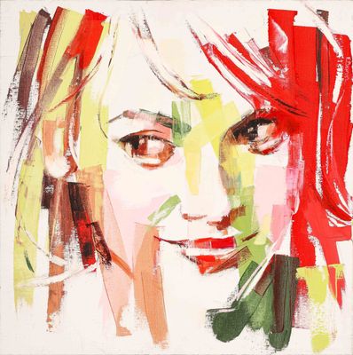 peinture représentant le visage d'une femme dans des tons de rouge, jaune et vert