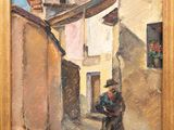 an oil painting of a man walking down a street past a building