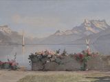 a painting of a sailboat on a lake with mountains in the background