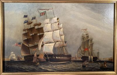 une peinture à l'huile représentant deux navires sur un plan d'eau