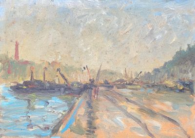 a painting of a harbor scene with boats on the water
