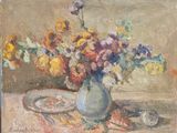 une peinture de fleurs dans un vase sur une table
