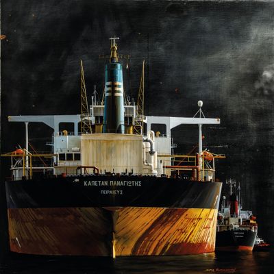 une peinture à l'huile représentant un grand navire dans l'eau, près d'un quai