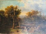 a painting of a horse drawn carriage in a wooded area