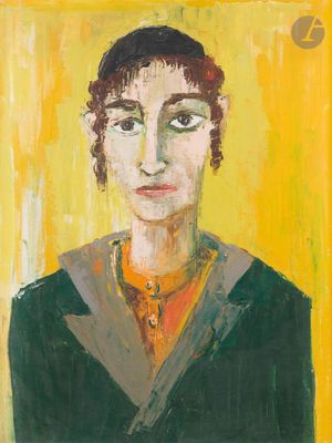an oil painting of a woman with green eyes and a yellow background