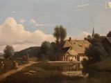un tableau représentant un village traversé par une rivière
