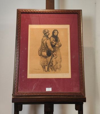 une photo d'un dessin représentant un homme et une femme sur un chevalet
