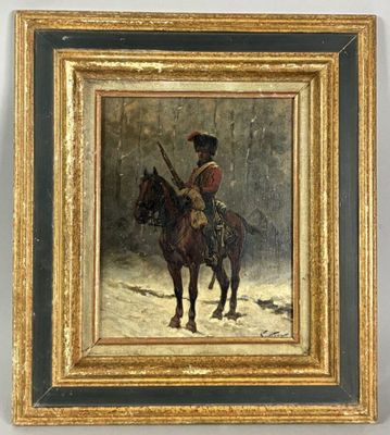 an oil painting of a man on a horse in the snow