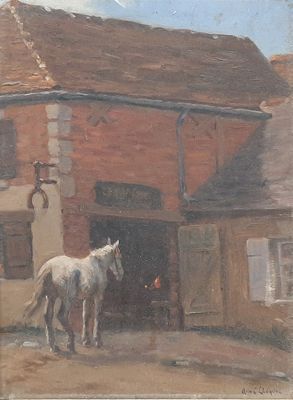 a painting of a horse standing in front of a building