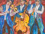 an oil painting of three men playing instruments in front of a red background