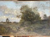 une peinture à l'huile représentant deux vaches dans un champ, avec un arbre en arrière-plan