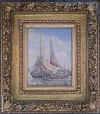 an oil painting of a sailboat on a body of water