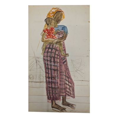 tableau représentant une femme tenant un panier de fleurs dans ses bras