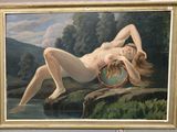 un tableau représentant une femme nue allongée sur un rocher au bord de l'eau
