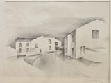pencil drawing of a street scene with buildings and a boat
