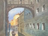 an oil painting of a canal with a boat under a bridge